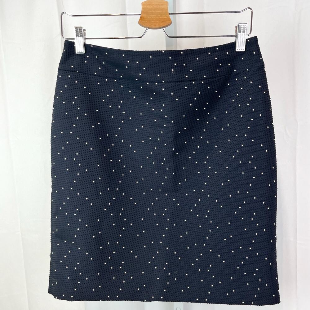 ANN TAYLOR Blue Sz 6 Dot Jacquard Skirt Textured Straight Above Knee Lined Navy - Picture 12 of 12